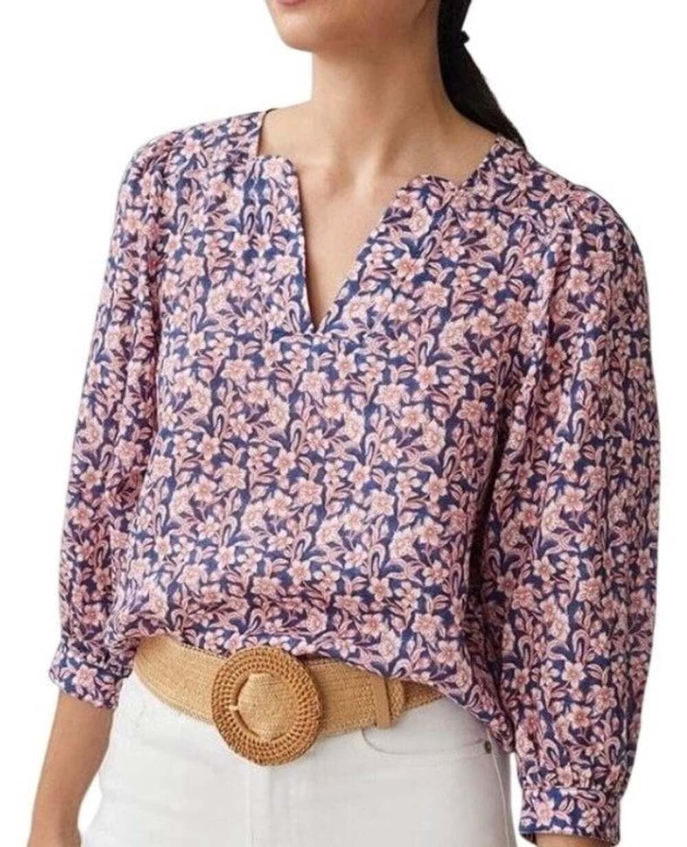 J.McLaughlin Sherry Blouse Size Small Blue Pink Floral Ramie Tencel